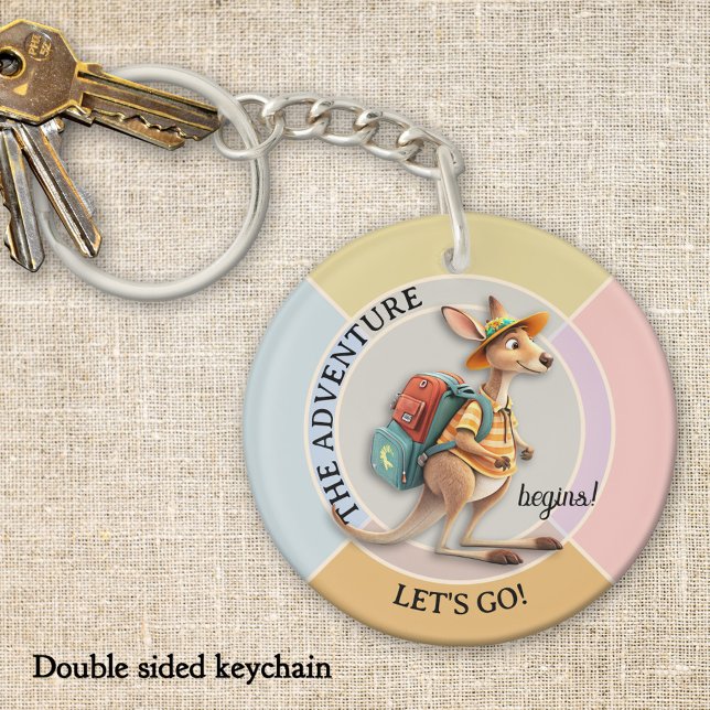 Porte-clefs Cute Kangaroo Traveler The Adventure Begins (Cute cartoon kangaroo travel themed adventure kids back to school keychain)