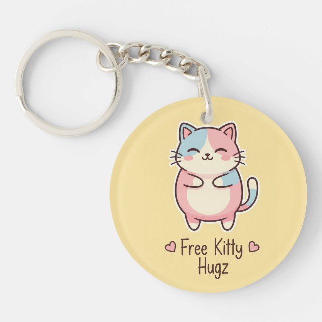 Porte-clefs Cute Kawaii Cat "Free Kitty Hugz" Pastel Acrylic  (Devant)