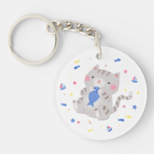Porte-clefs Cute Kitty avec du poisson en été Illustration