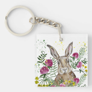 Porte-clefs Cute lapin dans les fleurs d'aquarelle accent cous