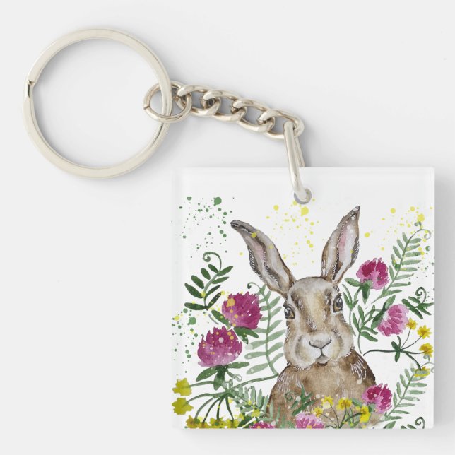 Porte-clefs Cute lapin dans les fleurs d'aquarelle accent cous (Devant)