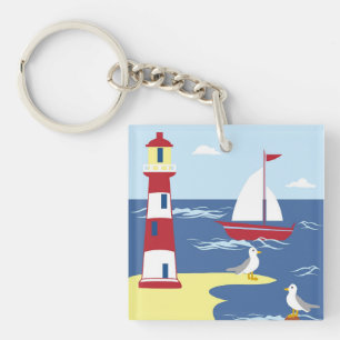 Porte-clefs Cute Lighthouse and Boat Seaside Art