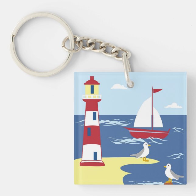 Porte-clefs Cute Lighthouse and Boat Seaside Art (Devant)