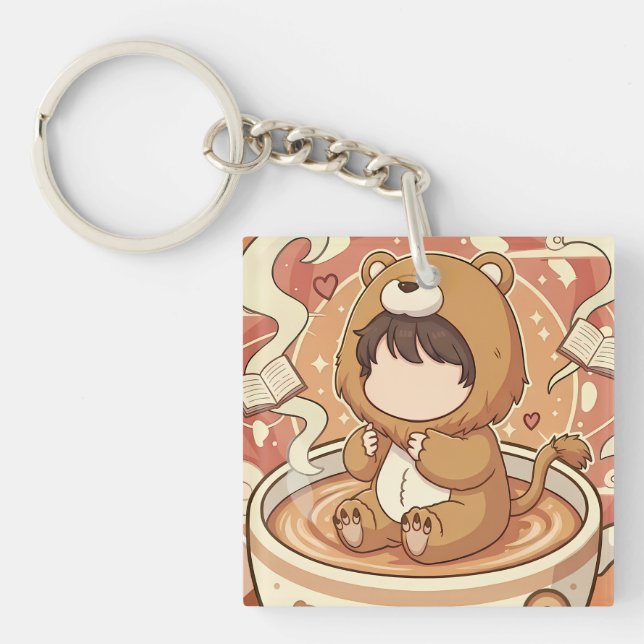 Porte-clefs Cute Lion Boy Drinking Coffee (Devant)