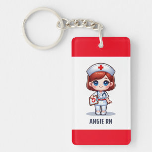 Porte-clefs Cute Manga Nurse avec cheveux rouge bleu yeux Pers
