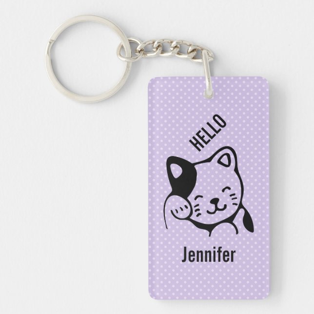 Porte-clefs Cute noir et blanc Kitty Chat Waving Bonjour (Devant)