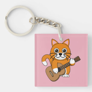 Porte-clefs Cute Orange Chat Blanc Jouer Caricature Guitare
