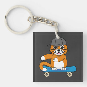 Porte-clefs Cute Orange Chat sur Skateboard Cartoon