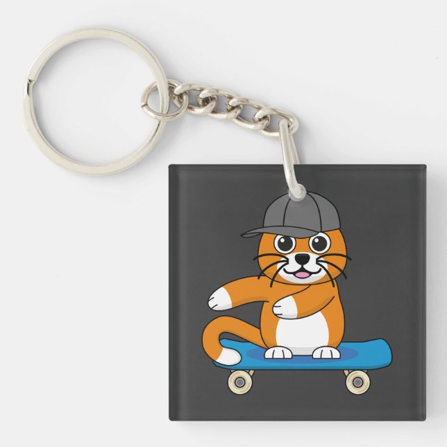 Porte-clefs Cute Orange Chat sur Skateboard Cartoon (Devant)
