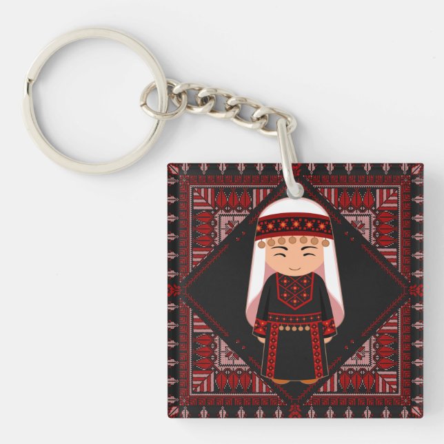 Porte-clefs cute Palestinian girl Embroidery red tatreez   (Devant)