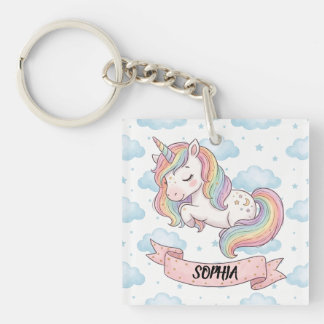 Porte-clefs Cute Pastel Rainbow Unicorn Clouds Personalized