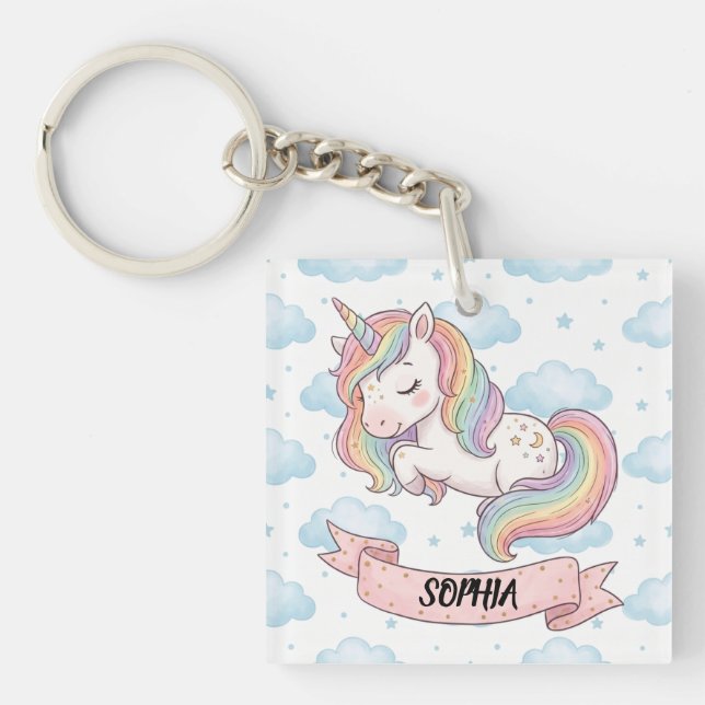 Porte-clefs Cute Pastel Rainbow Unicorn Clouds Personalized (Devant)