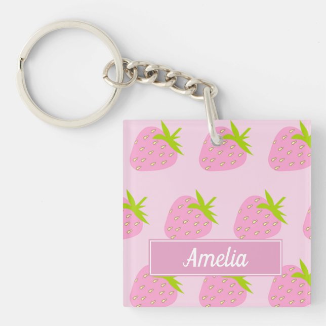 Porte-clefs Cute Pink Strawberry Pattern Personalised (Devant)