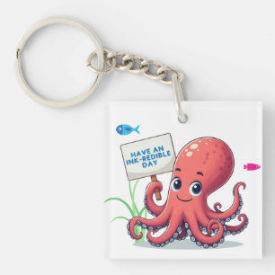 Porte-clefs Cute, poulpe caricaturale avec poisson