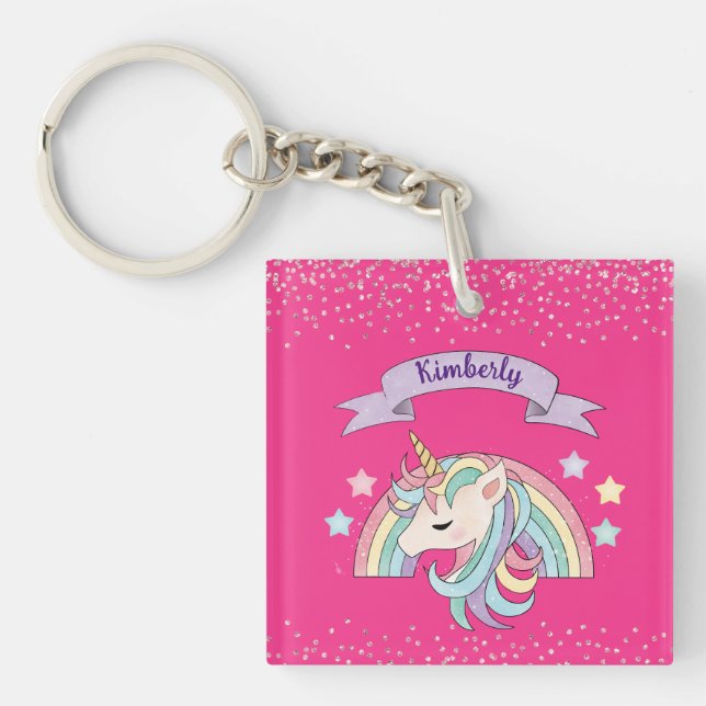 Porte-clefs Cute Rainbow & Sparkly Unicorn Hot Pink Parties sc (Devant)