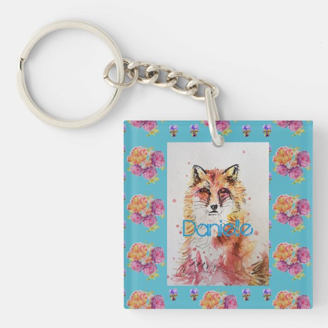 Porte-clefs Cute Red Fox Animal Turquoise Rose Roses (Devant)