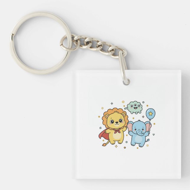 Porte-clefs Cute Superhero Lion and Elephant Friends Cartoon (Devant)