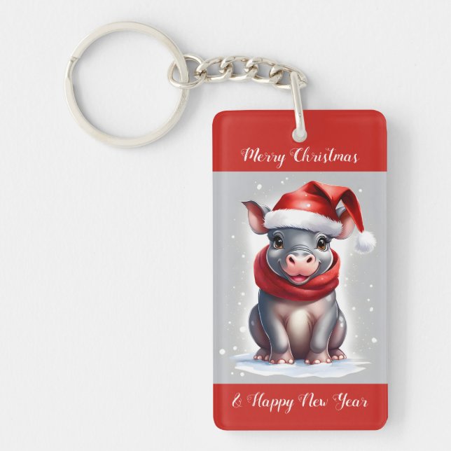 Porte-clefs Cute Sweet Hippopotamus Santa Hat Nouvel An (Devant)