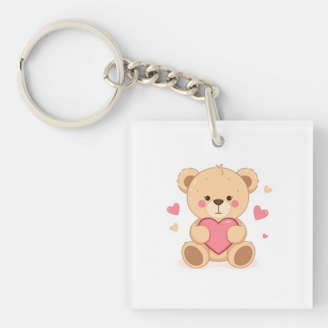Porte-clefs Cute Teddy Bear Holding Heart – Valentine Love Ill (Devant)