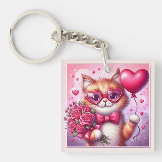 Porte-clefs Cute Valentine's day cat/chaton (Devant)