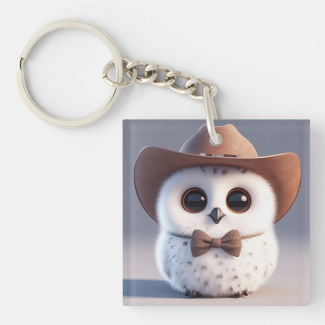 Porte-clefs Cute white fluffy owl with a cowboy hat (Devant)