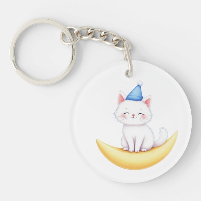 Porte-clefs Cute White Kitten on Moon Acrylic Keychain (Devant)