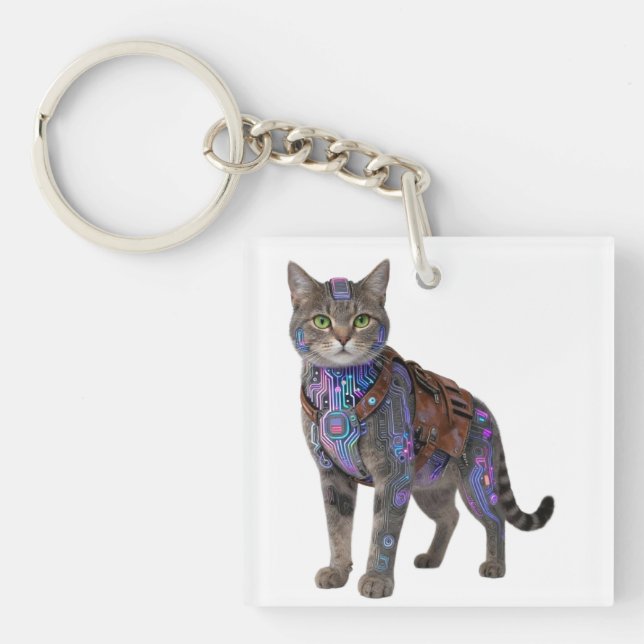 Porte-clefs Cyberpunk Circuit Cat – Neon Tech Beast (Devant)