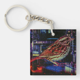 Porte-clefs Cyberpunk Sparrow dans Neon Cityscape