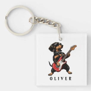 Porte-clefs Dachshund Rocker Cool Chien Jouant de la Guitare É