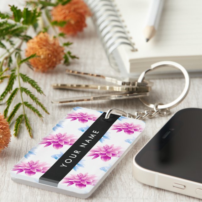 Porte-clefs Dahlia rose et bleu, motif floral, Votre nom (Devant droit)