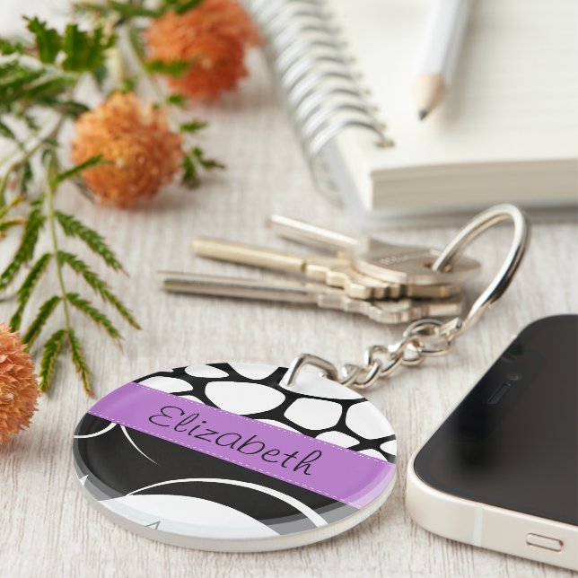 Porte-clefs Damas, Giraffe, Noir et Blanc, Votre nom (Devant droit)