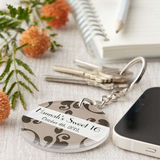 Porte-clefs Damask Pattern, Damask Brown, Sweet 16, Anniversai (Devant droit)