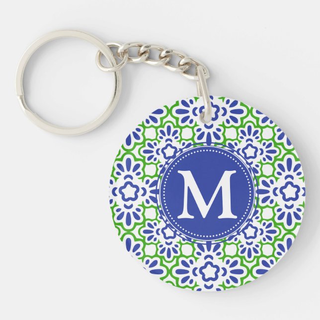 Porte-clefs Damassé élégante d'arabesque bleue et vert (Devant)