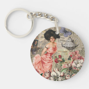 Porte-clefs Dame de café femme victorienne rose riche robe