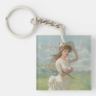 Porte-clefs Dame de tennis victorienne avec chapeau à fleurs A