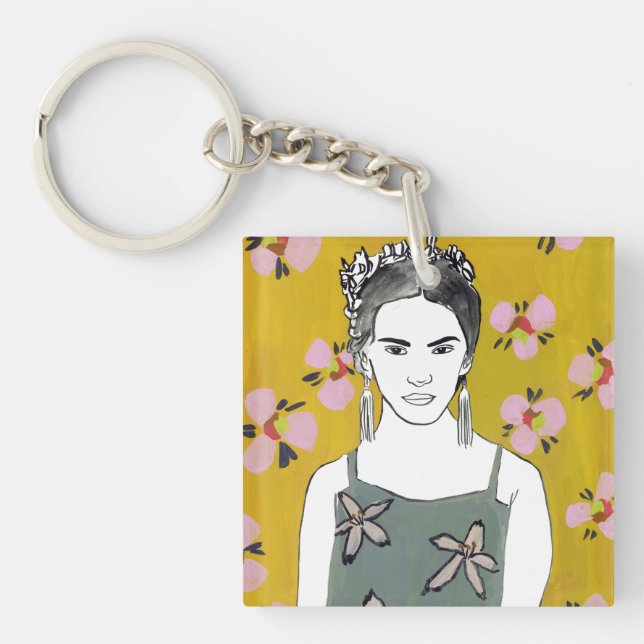 Porte-clefs Dame en fleurs roses - Jaune (Devant)