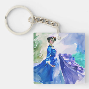 Porte-clefs Dame en robe bleue - Peinture à l'aquarelle