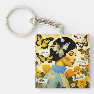 Porte-clefs Dame vintage, papillons, fleurs et inspirant