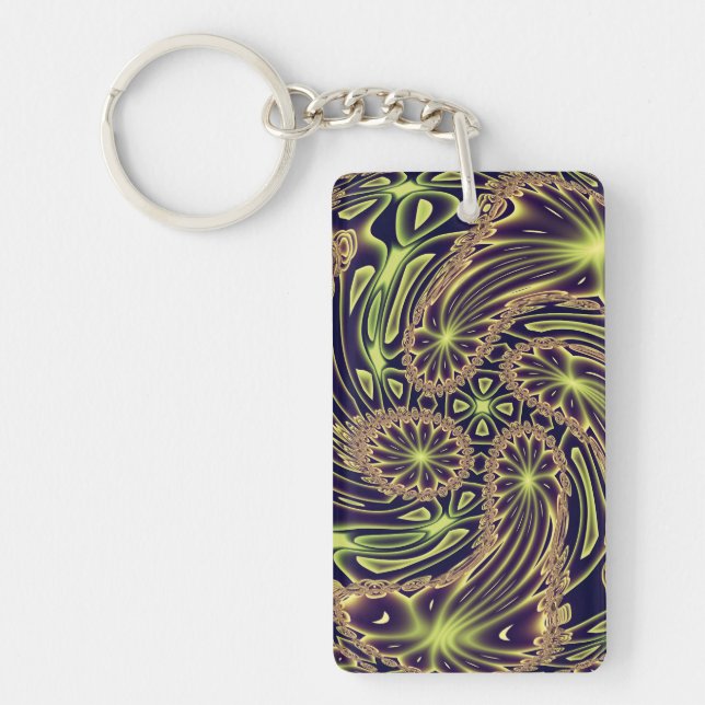 Porte-clefs Danse joyeuse abstraite Art fractal néon or (Devant)