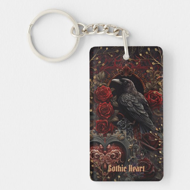 Porte-clefs Dark Gothic Beauty Red Roses Black Crow Raven Bird (Devant)