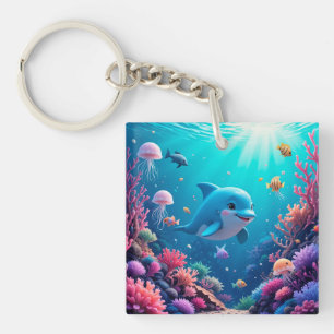 Porte-clefs Dauphin joueur et vie marine colorée
