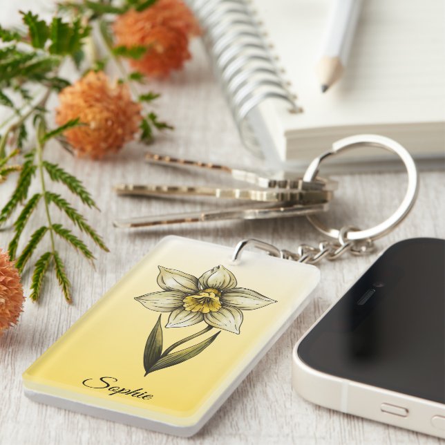 Porte-clefs Décembre personnalisé Fleur de naissance Narcisse (Devant droit)