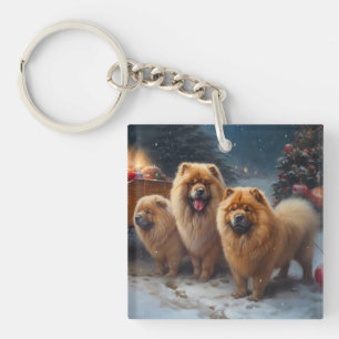 Porte-clefs Décor de Noël à traîneau enneigé Chow Chow  