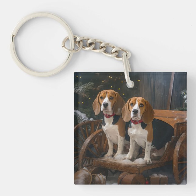 Porte-clefs Décor de Noël beagle Snowy Sleigh (Devant)