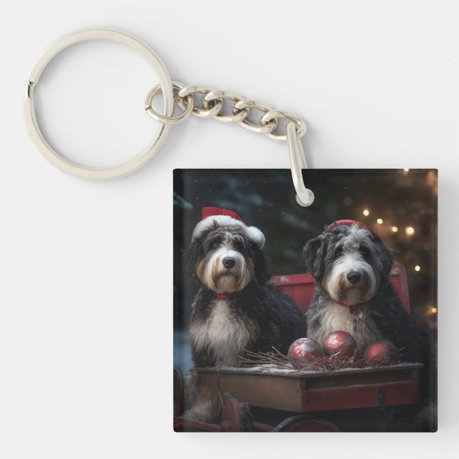 Porte-clefs Décor de Noël Bernedoodle Snowy Sleigh (Devant)