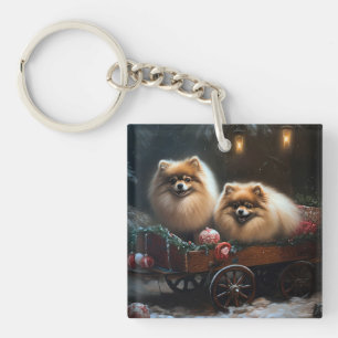 Porte-clefs Décor de Noël Chariot enneigé Spitz Nain