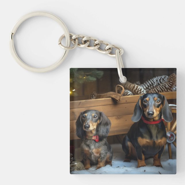 Porte-clefs Décor de Noël Dachshund Snowy Sleigh (Devant)