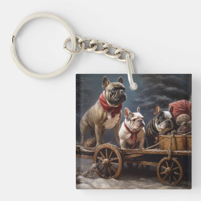 Porte-clefs Décor de Noël de Bulldog Snowy Sleigh (Devant)