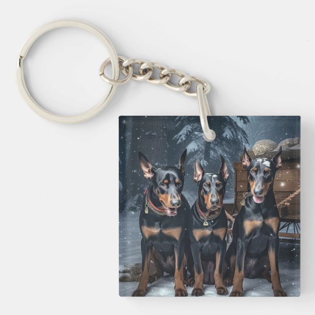 Porte-clefs Décor de Noël Doberman Snowy Sleigh (Devant)