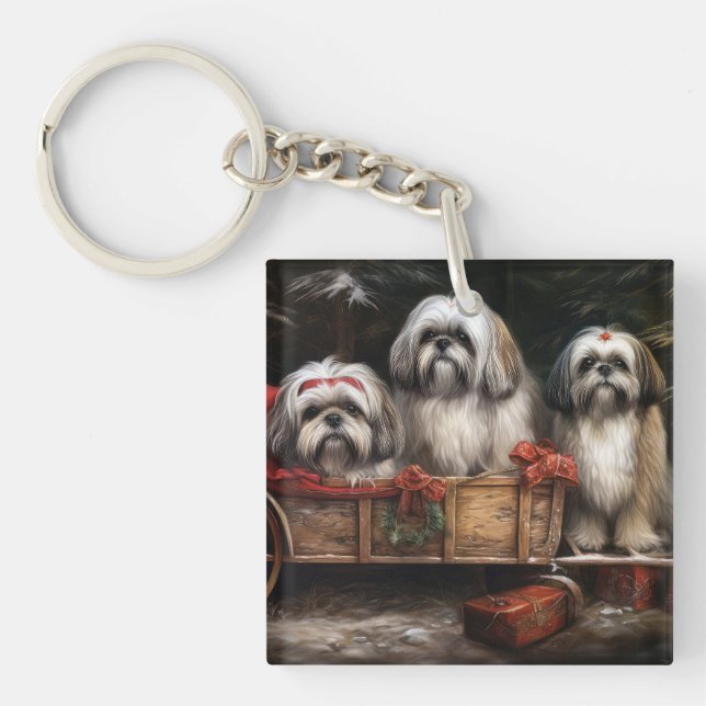 Porte-clefs Décor de Noël Lhasa Apso Snowy Sleigh (Devant)